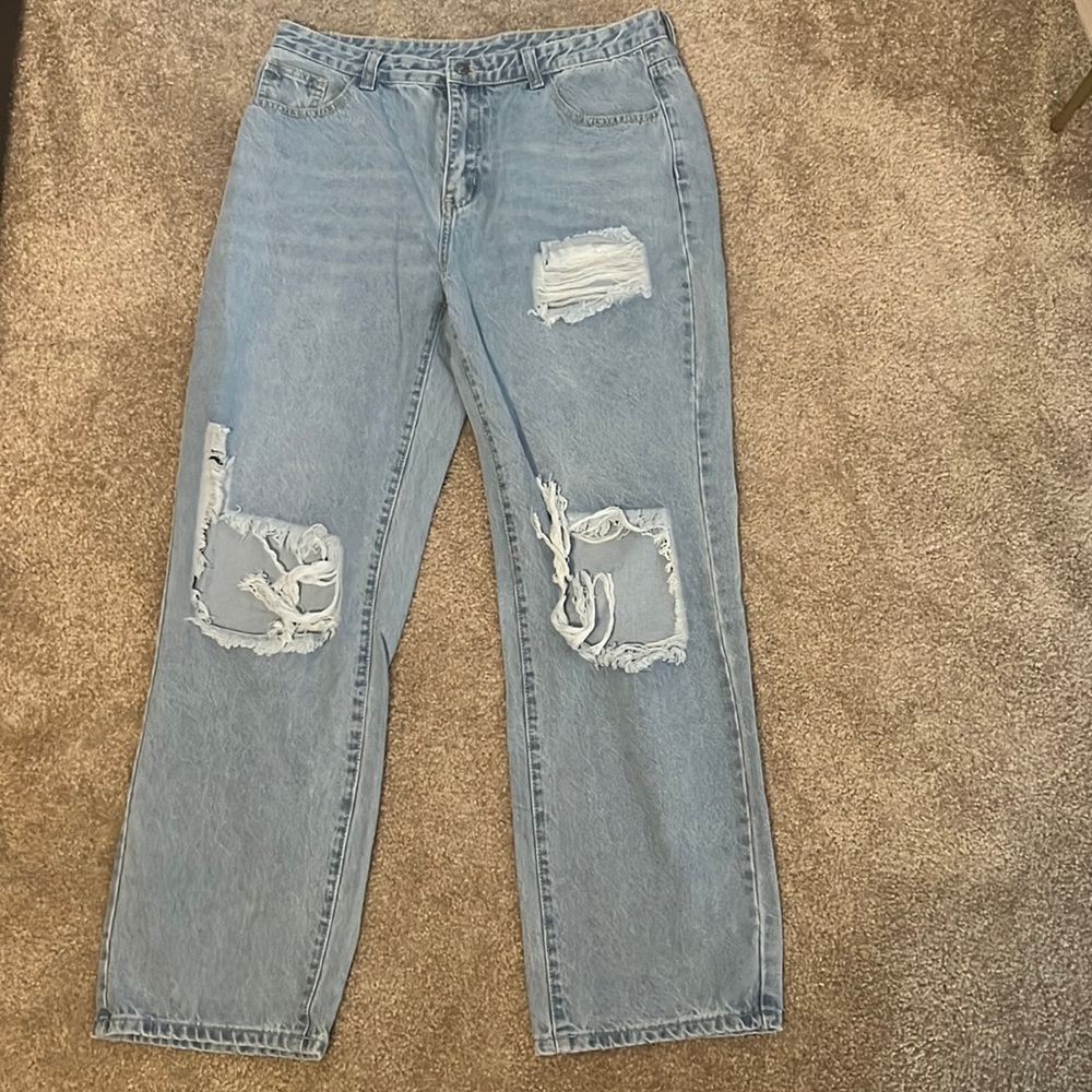 Shein Light wash flare jeans with rips.